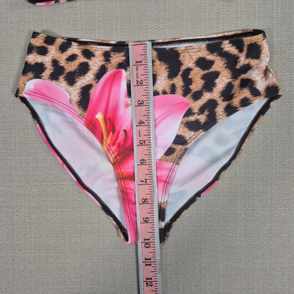 Girls Leopard Floral 3 Piece Swimsuit Bikini Sarong Set Pink Lily Size 12Y